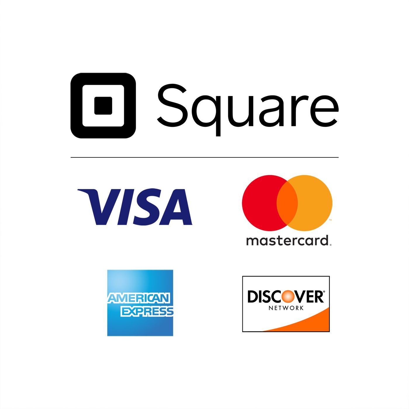 We accept Visa, Mastercard, American Express, and Discover via Square